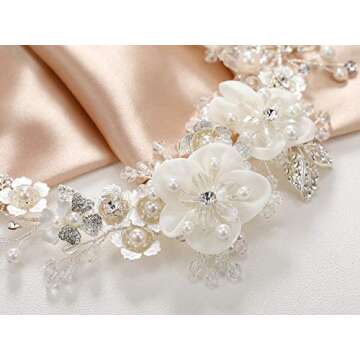 SWEETV Flower Girl Headpiece Ivory Tulle Flowers Wedding Headband for Girls, Princess Pearl Hair Accessories for Birthday Party, First Communion