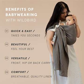 WildBird Ring Sling Baby Carrier for New Moms & Dads & Caregivers - Made from 100% Belgium Linen - for Newborns to Toddlers Up to 35 lbs - Standard 74" Size (Chickadee Fabric/Rose Gold Ring)