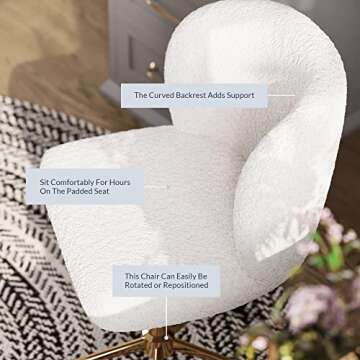 BELLEZE Modern Home Office Chair with Swivel Wheels and Adjustable Height, Upholstered Boucle Desk Chair with Arms Rolling Vanity, Stylish Comfy- Aston (Gold - White)
