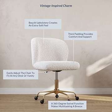 BELLEZE Modern Home Office Chair with Swivel Wheels and Adjustable Height, Upholstered Boucle Desk Chair with Arms Rolling Vanity, Stylish Comfy- Aston (Gold - White)