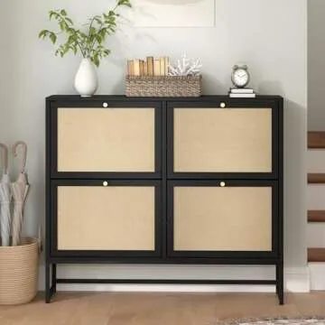 NVETHM Shoe Cabinet, Shoe Storage Cabinet with 4 Flax Flip Drawers and Mental Legs,Shoe Rack Free Standing Shoe Organizer for Entryway, Living Room (Black, 8-Tier)