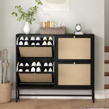 NVETHM Shoe Cabinet, Shoe Storage Cabinet with 4 Flax Flip Drawers and Mental Legs,Shoe Rack Free Standing Shoe Organizer for Entryway, Living Room (Black, 8-Tier)