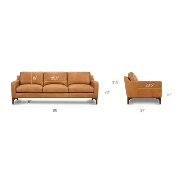 POLY & BARK Sorrento Leather Couch – 86-Inch Leather Sofa with Tufted Back - Full Grain Leather Couch with Feather-Down Topper On Seating Surfaces – Pure-Aniline Italian Leather – Cognac Tan