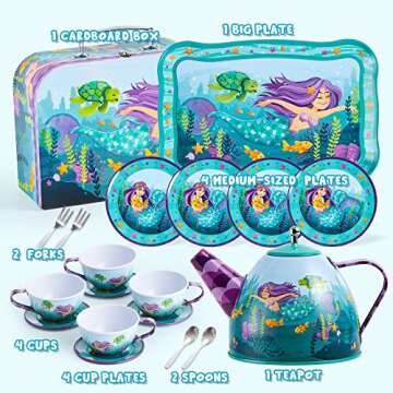 JOYIN 35Pcs Mermaid Tea Party Set for Little Girls, Pretend Tin Teapot Set, Princess Tea Time Play K...