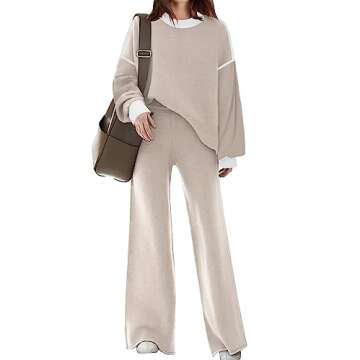 Disamer Womens 2 Piece Outfits Sweater Set Long Sleeve Knit Pullover Tops Wide Leg Pants Lounge Sets,Apricot,X-Large