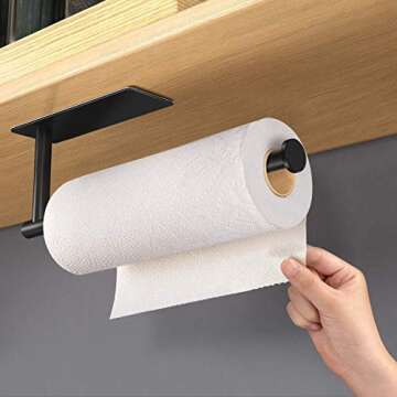TOFIIGREM Paper Towel Holder with Adhesive Under Cabinet Mount- No Drilling Towel Bar Holder Wall Mount Sticky Paper Towel Rack Stick on Wall for Home Kitchen, Stainless Steel Black