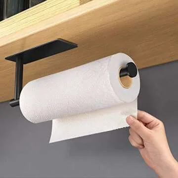 TOFIIGREM Paper Towel Holder with Adhesive Under Cabinet Mount- No Drilling Towel Bar Holder Wall Mount Sticky Paper Towel Rack Stick on Wall for Home Kitchen, Stainless Steel Black