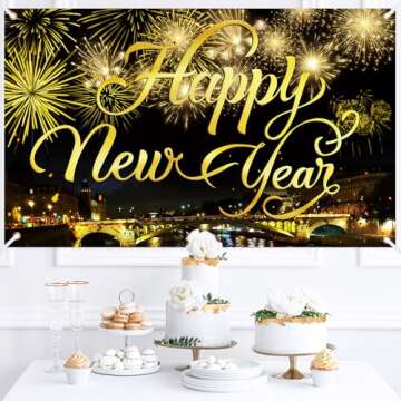 Happy New Year Party Backdrop Fabric Sign Poster Banner with Pattern Firework for New Year Party Decoration Photo Props Background Supplies