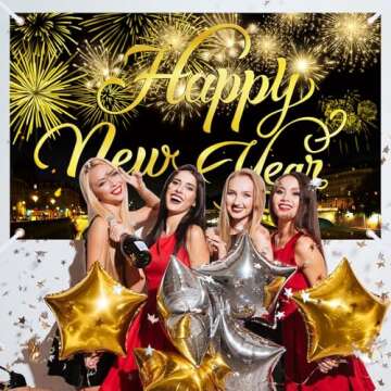 Happy New Year Party Backdrop Fabric Sign Poster Banner with Pattern Firework for New Year Party Decoration Photo Props Background Supplies