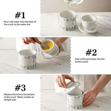 Toptier Butter Crock for Counter With Water Line, On Demand Spreadable Butter, Ceramic Butter Keeper to Leave On Counter, French Butter Dish with Lid (Yummy Blueberry)