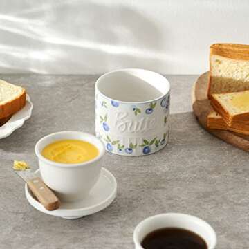 Toptier Butter Crock for Counter With Water Line, On Demand Spreadable Butter, Ceramic Butter Keeper to Leave On Counter, French Butter Dish with Lid (Yummy Blueberry)