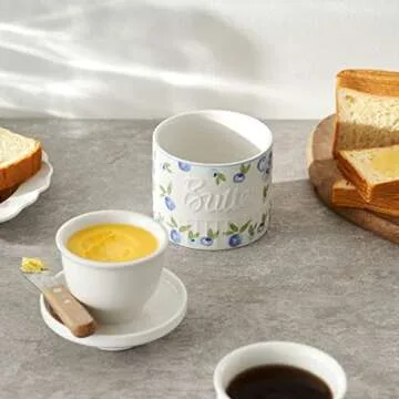 Toptier Butter Crock for Counter With Water Line, On Demand Spreadable Butter, Ceramic Butter Keeper to Leave On Counter, French Butter Dish with Lid (Yummy Blueberry)