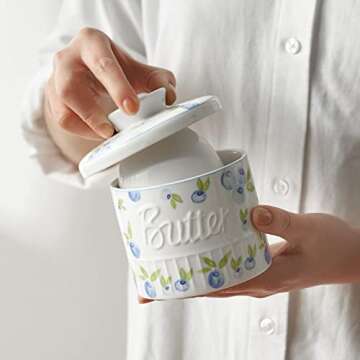 Toptier Butter Crock for Counter With Water Line, On Demand Spreadable Butter, Ceramic Butter Keeper to Leave On Counter, French Butter Dish with Lid (Yummy Blueberry)