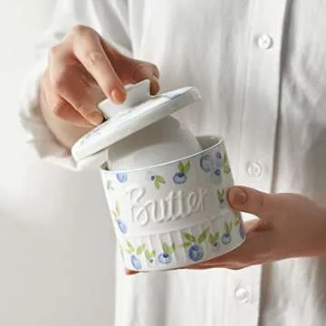 Toptier Butter Crock for Counter With Water Line, On Demand Spreadable Butter, Ceramic Butter Keeper to Leave On Counter, French Butter Dish with Lid (Yummy Blueberry)