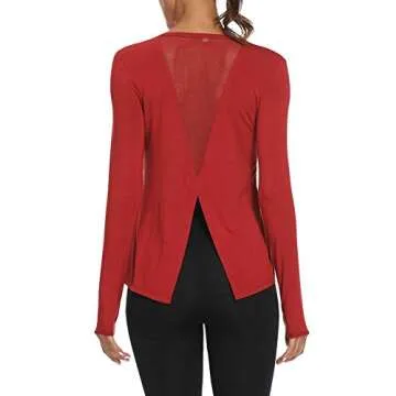 Mippo Long Sleeve Wokout Shirts Yoga Tops Tie Back Tank Backless Tops Gym Workout Clothes Active Wear for Women Red S