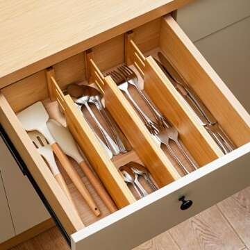 Fabsome Dresser Drawer Organizers 6 Pack, 4.65'' High Adjustable from 17-22‘’ Bamboo Drawer Divi...