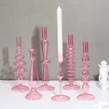 Bokon 6 Pcs Glass Candlestick Holders Colorful Glass Taper Candle Holders Stand Clear Wavy Groovy Candlestick Holders Elegant Glass Vases for Home Wedding Party Centerpiece(Pink)