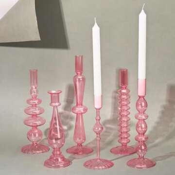 Bokon 6 Pcs Glass Candlestick Holders Colorful Glass Taper Candle Holders Stand Clear Wavy Groovy Candlestick Holders Elegant Glass Vases for Home Wedding Party Centerpiece(Pink)