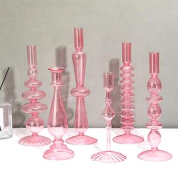 Bokon 6 Pcs Glass Candlestick Holders Colorful Glass Taper Candle Holders Stand Clear Wavy Groovy Candlestick Holders Elegant Glass Vases for Home Wedding Party Centerpiece(Pink)