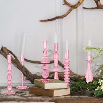 Bokon 6 Pcs Glass Candlestick Holders Colorful Glass Taper Candle Holders Stand Clear Wavy Groovy Candlestick Holders Elegant Glass Vases for Home Wedding Party Centerpiece(Pink)