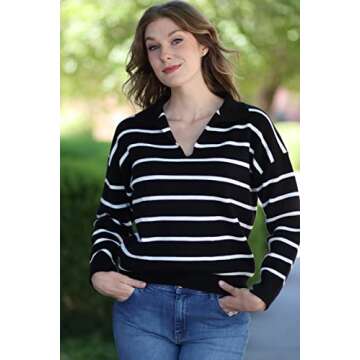 CFLONGE Women's 2024 Fall Winter Casual Breton Striped Long Sleeve Polo V Neck LightweightPullover S...