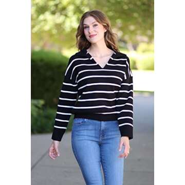 CFLONGE Women's 2024 Fall Winter Casual Breton Striped Long Sleeve Polo V Neck LightweightPullover Sweater Loose Fit Drop Shoulder Knitted Shirts Tops(Medium,Black)