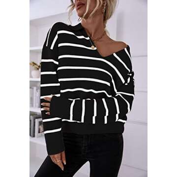 CFLONGE Women's 2024 Fall Winter Casual Breton Striped Long Sleeve Polo V Neck LightweightPullover Sweater Loose Fit Drop Shoulder Knitted Shirts Tops(Medium,Black)