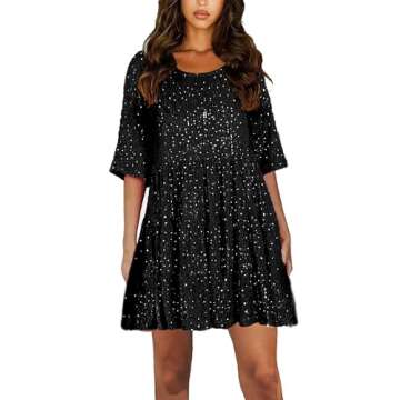 HYLLGUD Women Sequin Dress Sparkly Giltter Round Neck Short Sleeve A-Line Loose Swing Tunic Dress Di...