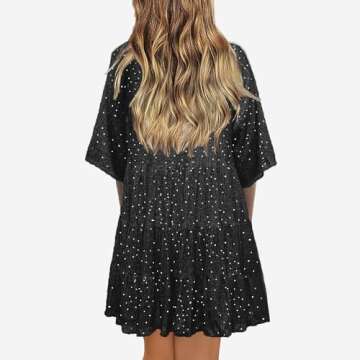 HYLLGUD Women Sequin Dress Sparkly Giltter Round Neck Short Sleeve A-Line Loose Swing Tunic Dress Disco Party Concert