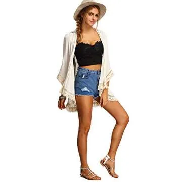SweatyRocks Women's Tassel Kimono Fringe Cardigan Beachwear Cover up White S