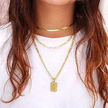 Memgift Layer Necklace Set Dainty Trendy Paperclip Snake Choker Gold Filled Stainless Steel Figaro Chain Layered Necklaces Jewelry Gifts Square Pendant Letter K