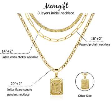 Memgift Layer Necklace Set Dainty Trendy Paperclip Snake Choker Gold Filled Stainless Steel Figaro Chain Layered Necklaces Jewelry Gifts Square Pendant Letter K