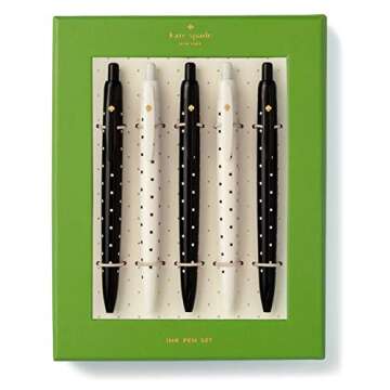 kate spade new york Black Ink Pen Set of 5, Polka Dot Retractable Pens, Cute Plastic Click Pens, Black Dots