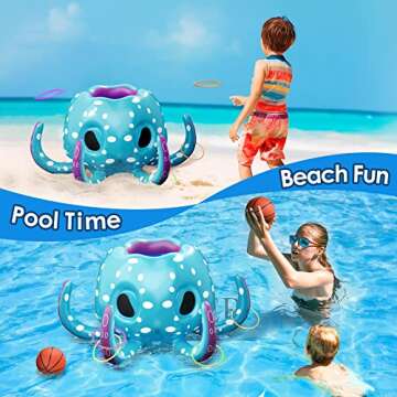 iPlay, iLearn Pool Wave Kids Octopus Pool Toys, 2-in-1 Inflatable Float Water Game, Basketball Hoop Ring Toss Outdoor Swim Play, Cool Summer Family Party Gift 3 4 5 6 7 8 Year Old Boy Girl Child-Blue