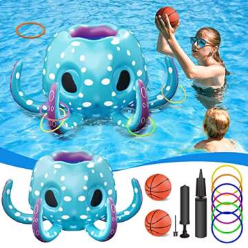 iPlay, iLearn Pool Wave Kids Octopus Pool Toys, 2-in-1 Inflatable Float Water Game, Basketball Hoop Ring Toss Outdoor Swim Play, Cool Summer Family Party Gift 3 4 5 6 7 8 Year Old Boy Girl Child-Blue