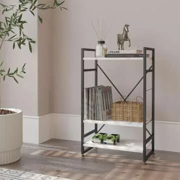 Azheruol Bookshelf Organizer,3 Tiers Adjustable White Faux Marble Small Bookcase for Small Space,Industrial Wooden Storage Bookcase Display Rack and Storage Organizer for Living Room Home Office