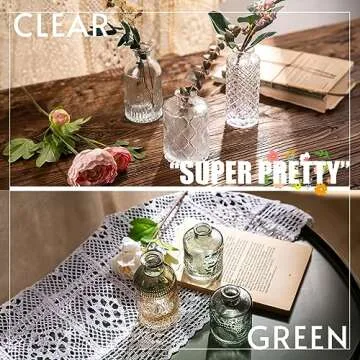 WILDMOS Bud Vase Set of 6, Small Flower Vases for Decorative, Gradient Glass and Embossed Vintage Style Mini Bottles for Home Décor, Centerpiece 3.3"-5.2''H(Clear+Green)