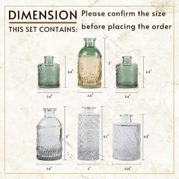 WILDMOS Bud Vase Set of 6, Small Flower Vases for Decorative, Gradient Glass and Embossed Vintage Style Mini Bottles for Home Décor, Centerpiece 3.3"-5.2''H(Clear+Green)