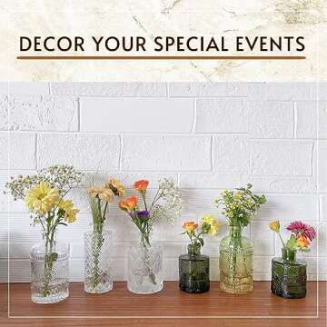 WILDMOS Bud Vase Set of 6, Small Flower Vases for Decorative, Gradient Glass and Embossed Vintage Style Mini Bottles for Home Décor, Centerpiece 3.3"-5.2''H(Clear+Green)