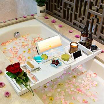 Bathtub Caddy Tray for Luxury Bath - Bamboo Waterproof Expandable Bath Table Over Tub with Wine and Book Holder and Free Soap Dish (White)