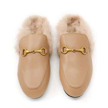 Comfity Mules for Women, Womens Slip On New Metal Decor Mule Flats Embroidery Loafers Backless Faux Fur Slippers Apricot Fur 8.5 US