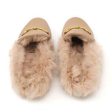 Comfity Mules for Women, Womens Slip On New Metal Decor Mule Flats Embroidery Loafers Backless Faux Fur Slippers Apricot Fur 8.5 US