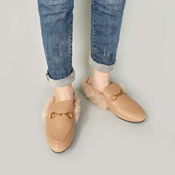 Comfity Mules for Women, Womens Slip On New Metal Decor Mule Flats Embroidery Loafers Backless Faux Fur Slippers Apricot Fur 8.5 US