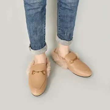 Comfity Mules for Women, Womens Slip On New Metal Decor Mule Flats Embroidery Loafers Backless Faux Fur Slippers Apricot Fur 8.5 US