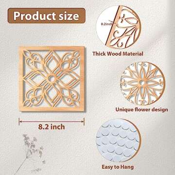 KOYILTD 4 Pieces Thicken Rustic Wall Decor,Flower Carved Wall Art,Wooden Hollow Carved Design (Square, 8.2in)
