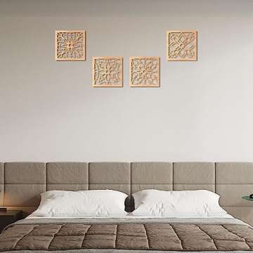 KOYILTD 4 Pieces Thicken Rustic Wall Decor,Flower Carved Wall Art,Wooden Hollow Carved Design (Square, 8.2in)
