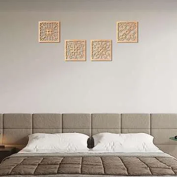 KOYILTD 4 Pieces Thicken Rustic Wall Decor,Flower Carved Wall Art,Wooden Hollow Carved Design (Square, 8.2in)