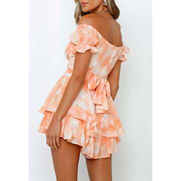 Fixmatti Women Bohemian Tie Dye Cold Shoulder Chiffon Jumpsuit Ruffle Shorts Colorful Playsuit Orange S