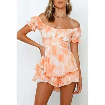 Fixmatti Women Bohemian Tie Dye Cold Shoulder Chiffon Jumpsuit Ruffle Shorts Colorful Playsuit Orange S