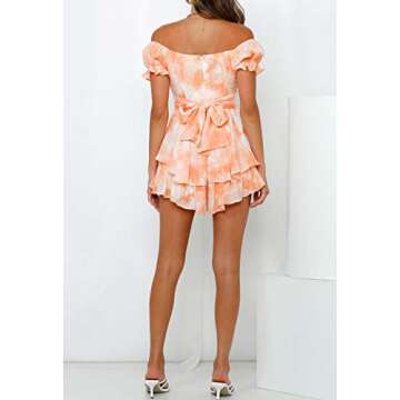 Fixmatti Women Bohemian Tie Dye Cold Shoulder Chiffon Jumpsuit Ruffle Shorts Colorful Playsuit Orange S